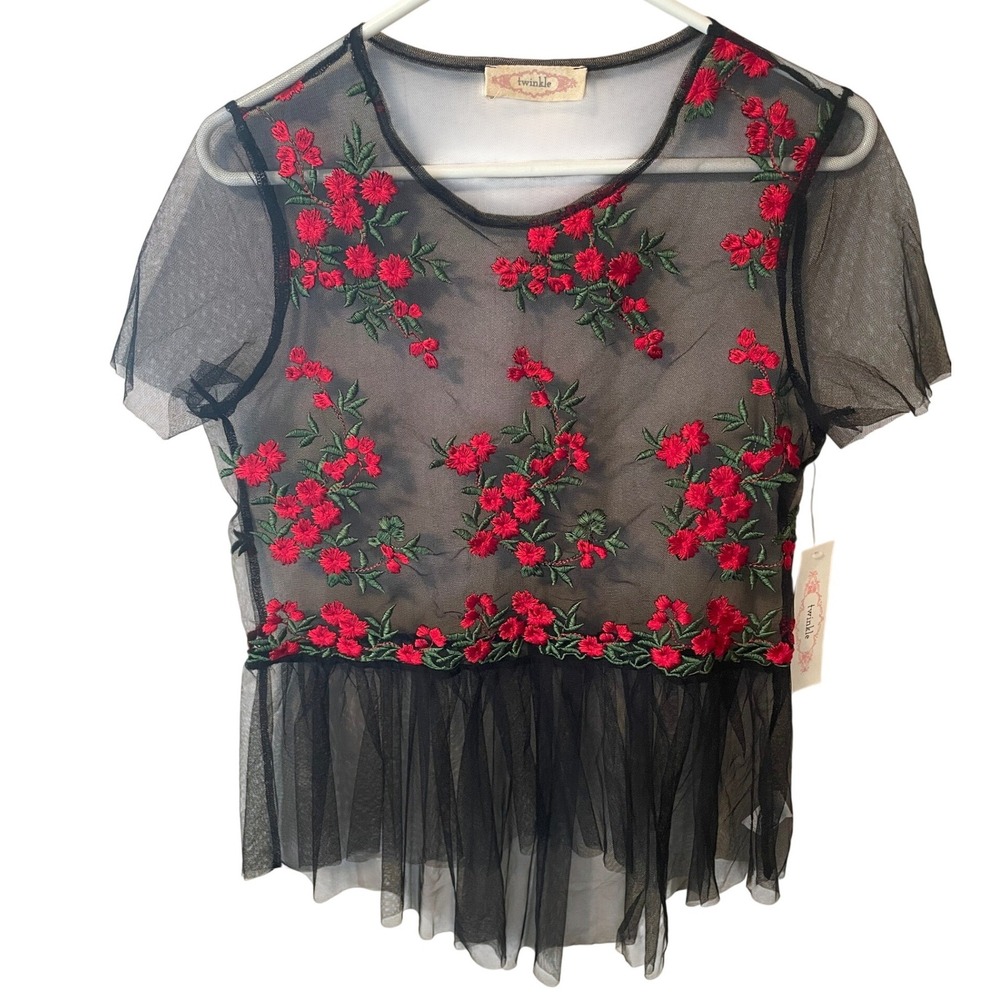 Twinkle‎ Womens M Black Sheer Mesh Floral Embroidered NWT Fairycore Whimsygoth